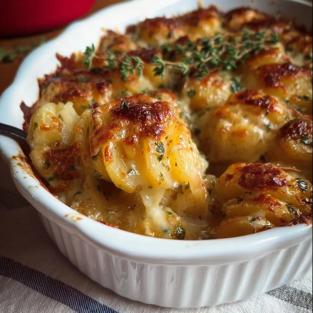 Delicious creamy gratin potatoes topped with cheese and herbs