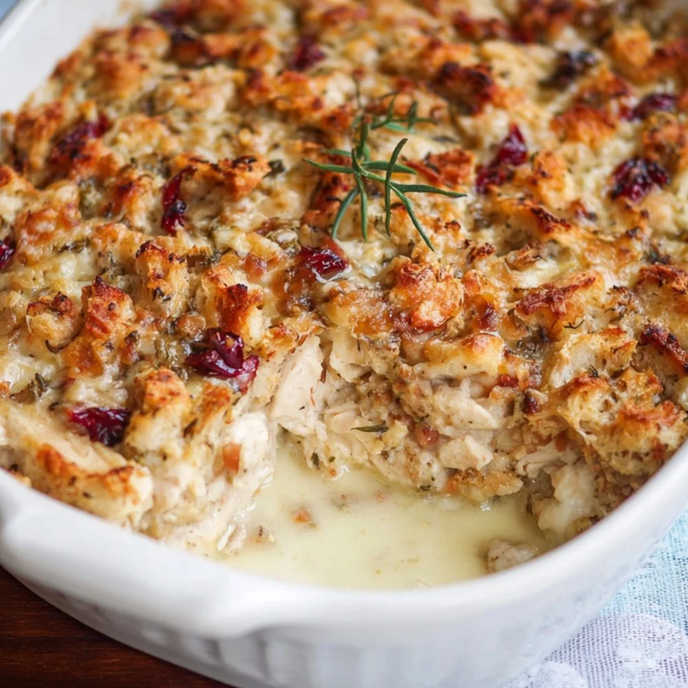 Creamy turkey casserole served in a dish with savory ingredients