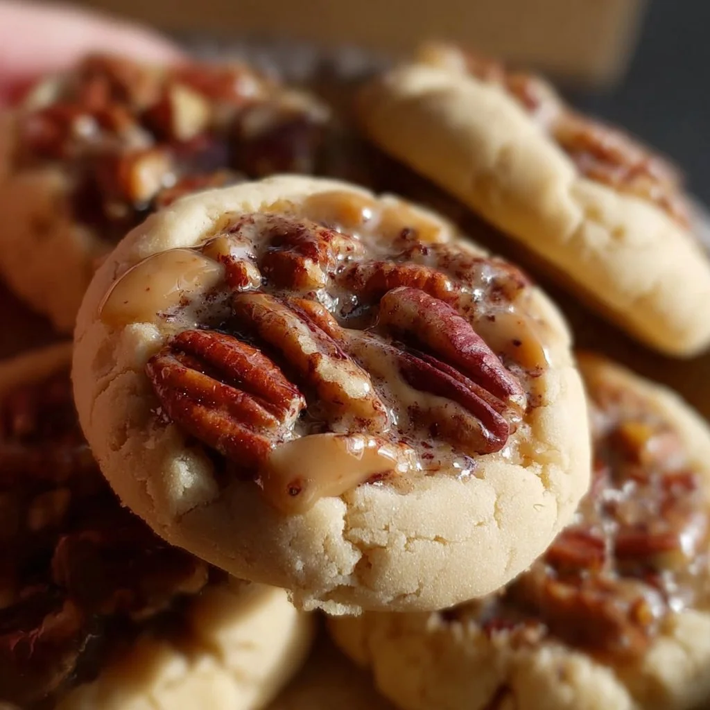 Delicious Crumbl Pecan Pie Cookies with a caramel drizzle and pecans.
