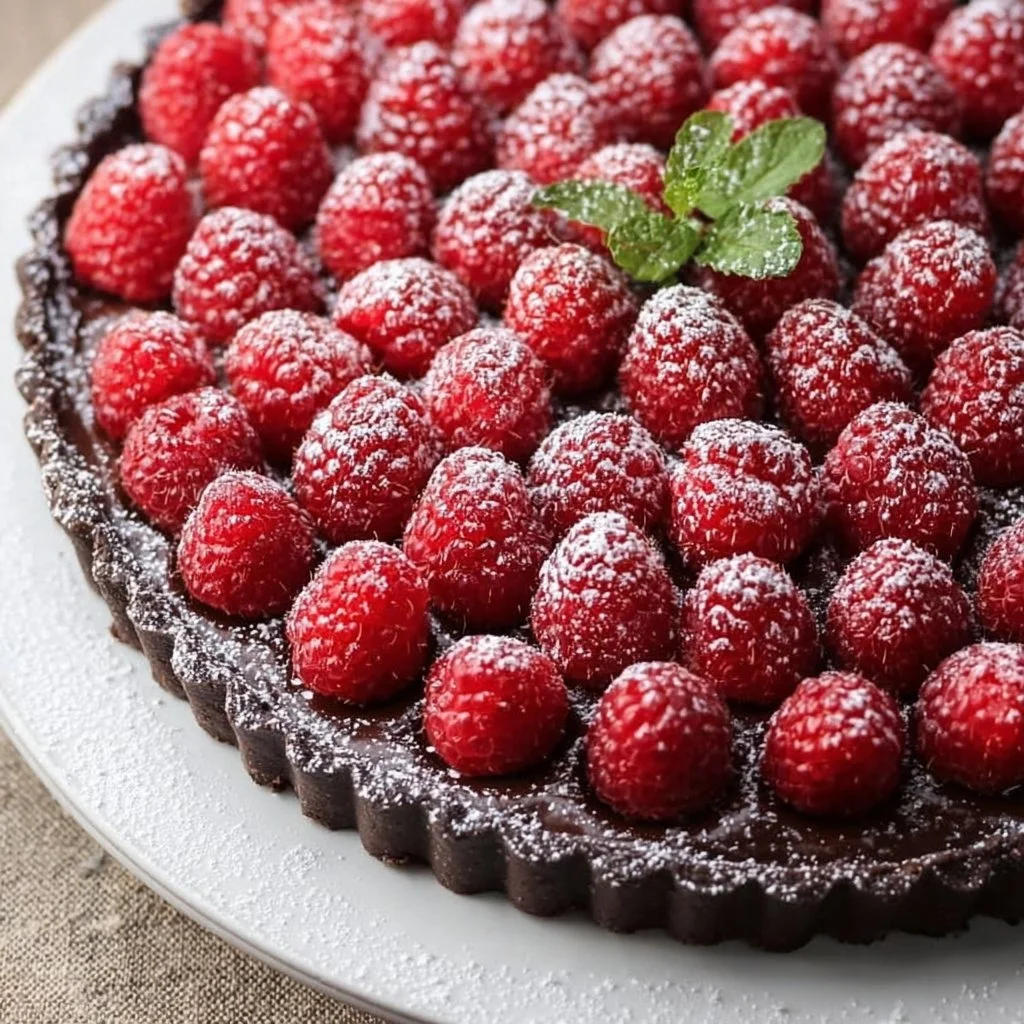 Delicious easy chocolate raspberry tart with fresh raspberries on top.