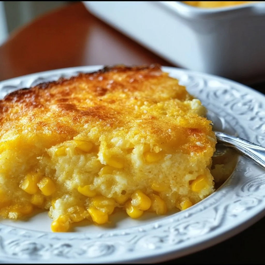 Delicious easy Jiffy corn casserole topped with cheese and served in a baking dish