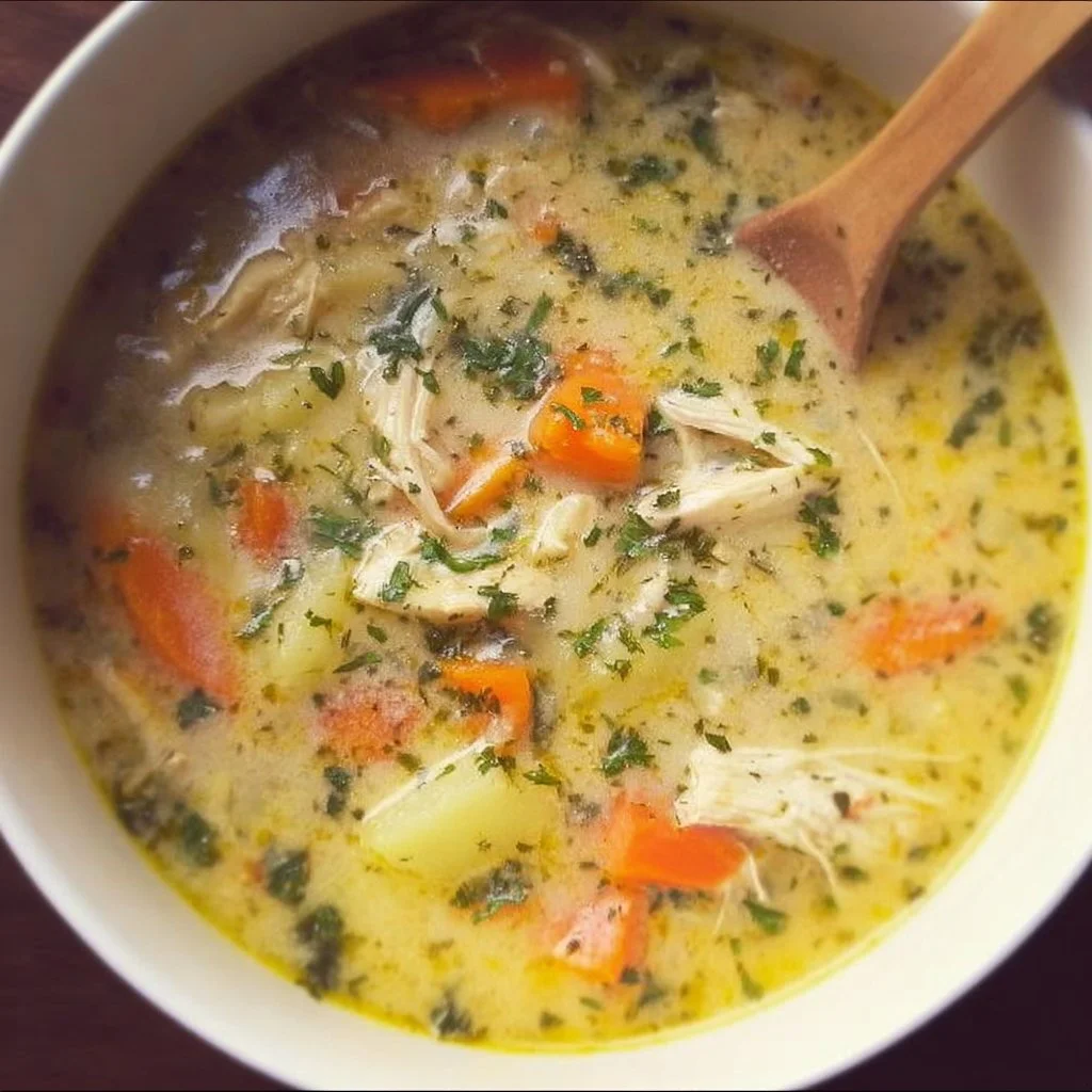 Bowl of easy leftover turkey soup garnished with herbs