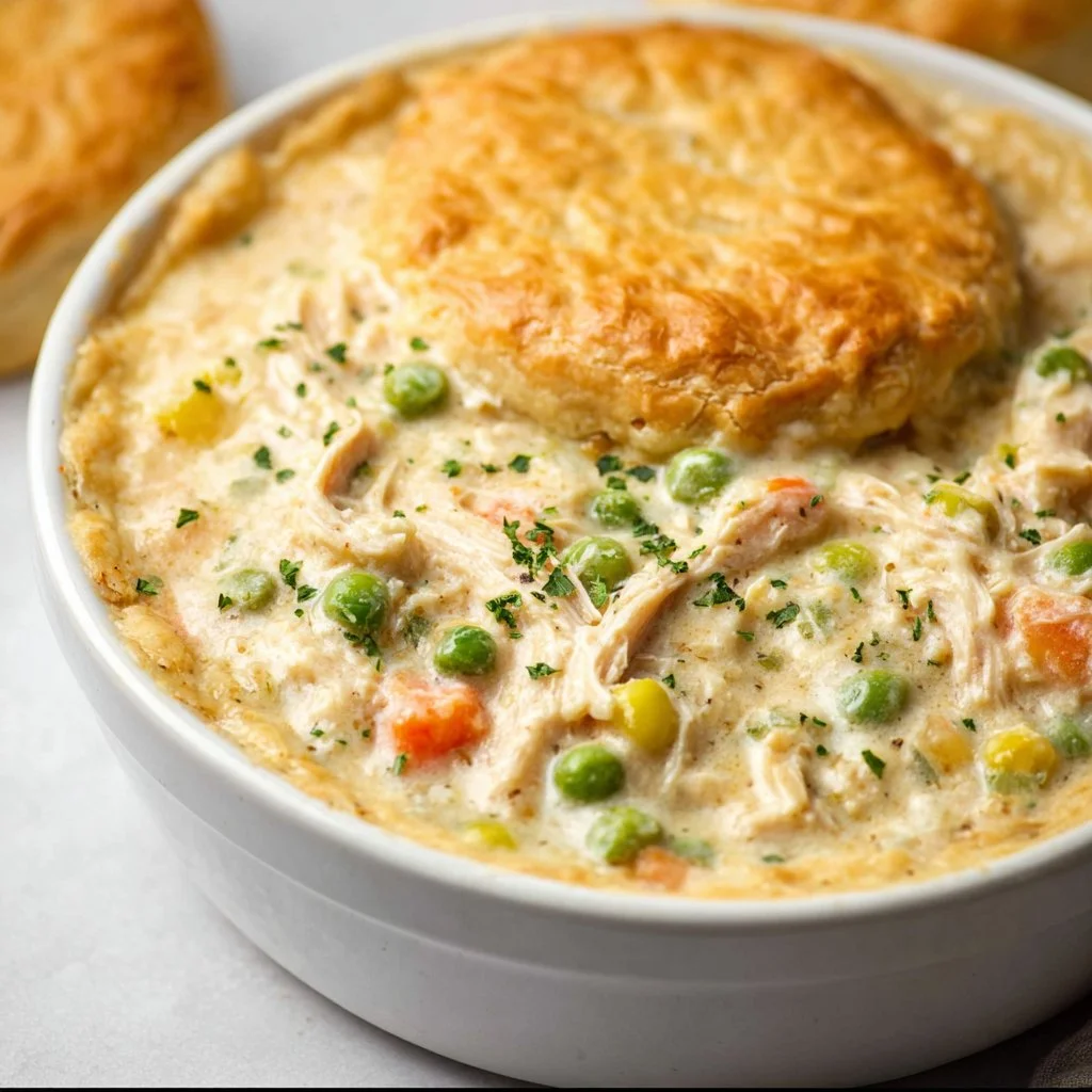 Easy slow cooker chicken pot pie with vegetables and flaky crust