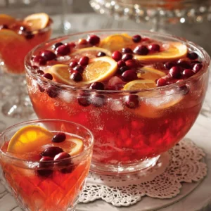 Colorful festive holiday punch served in a glass with fruit garnishes