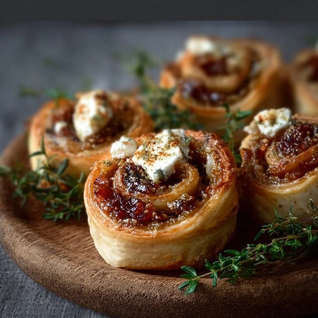 Delicious fig and goat cheese pinwheels neatly arranged on a platter.