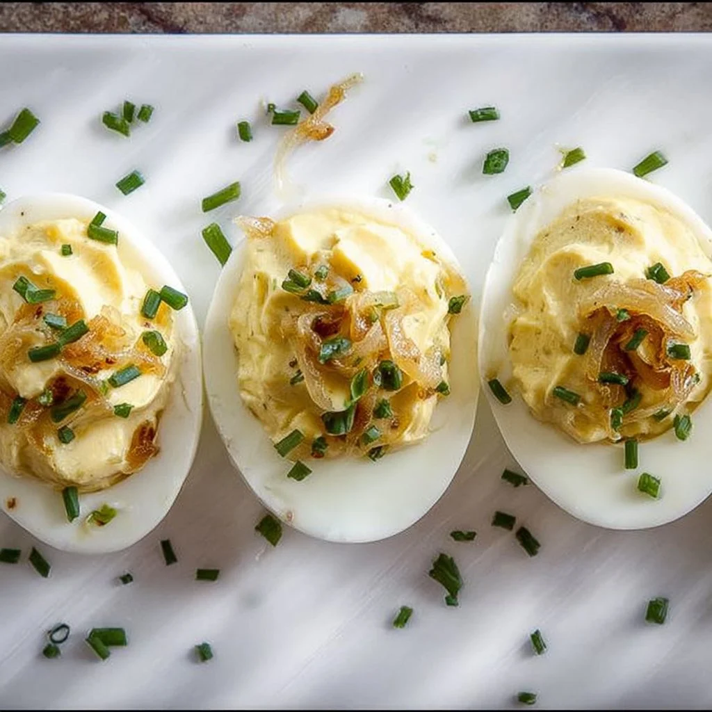 Delicious French Onion Deviled Eggs garnished with crispy onions and herbs