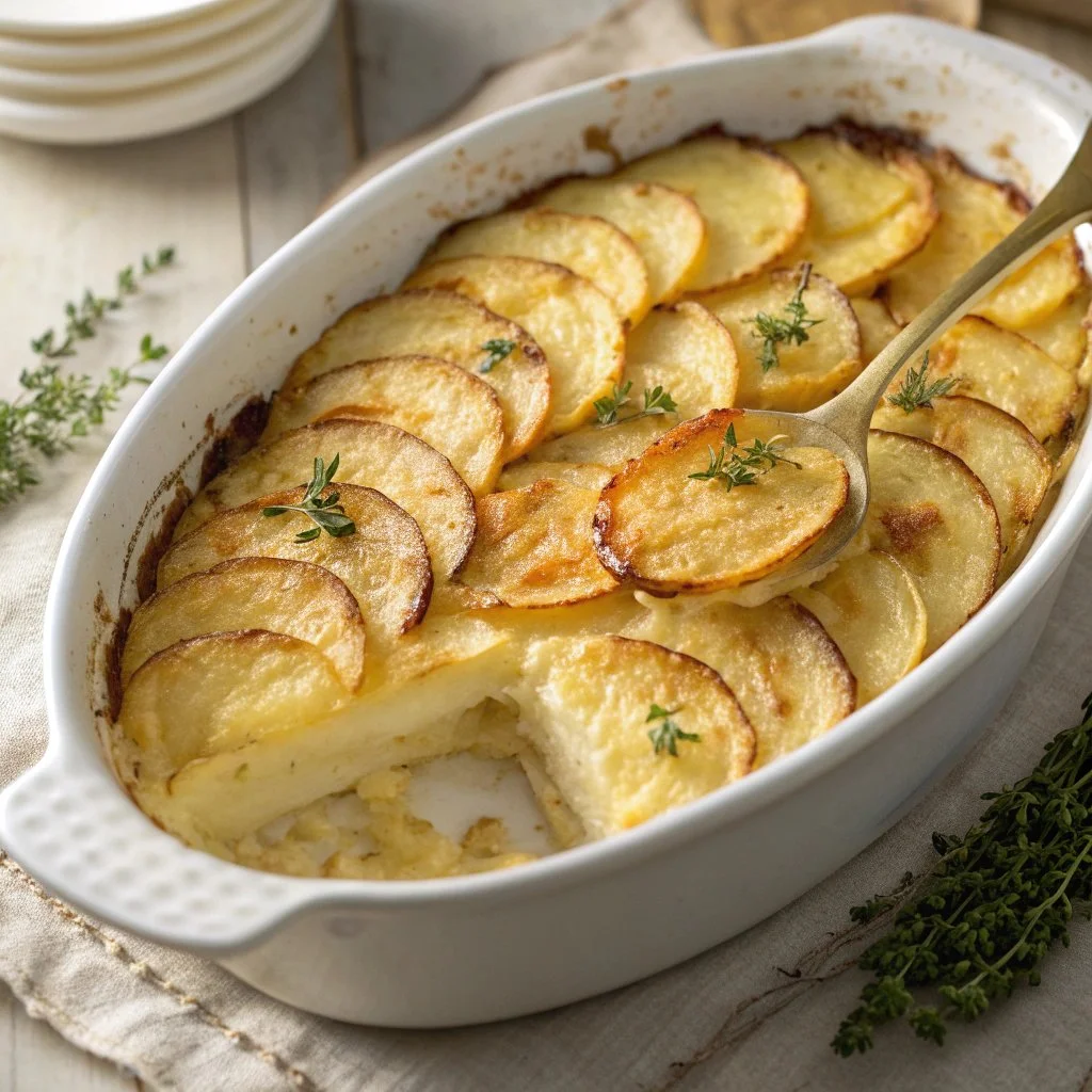 Delicious golden and creamy scalloped potatoes served in a dish
