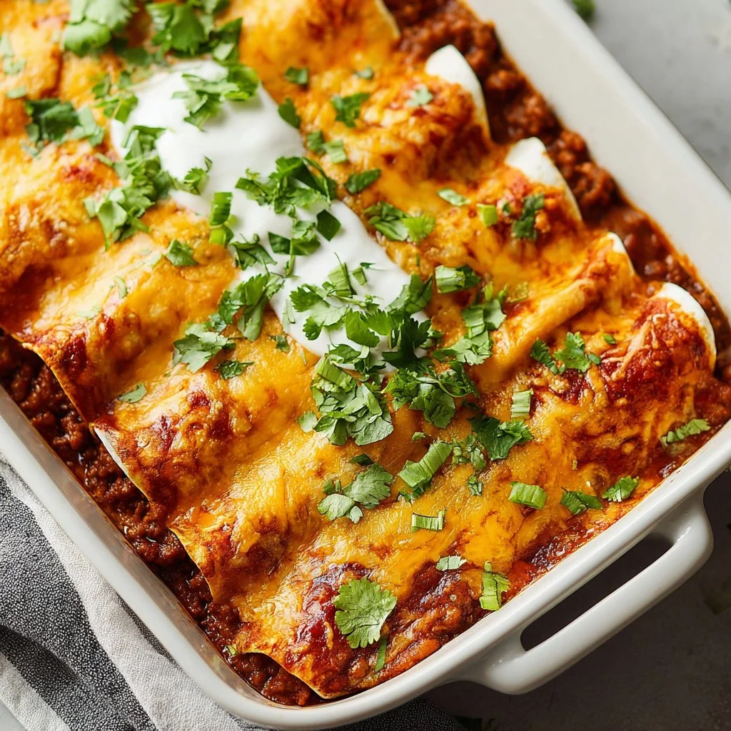 Ground beef enchiladas topped with cheese and sauce, served on a plate.