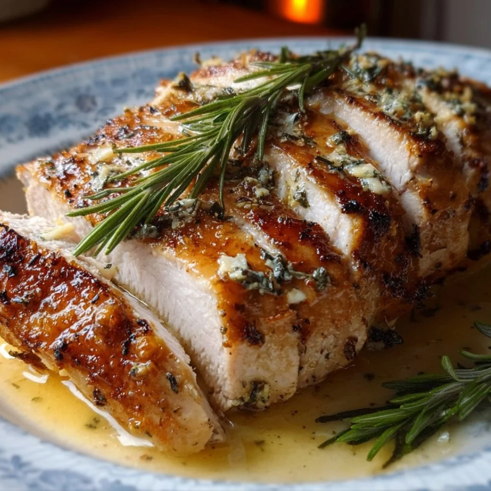 Herb Butter Roasted Turkey Breast served with garnishes on a festive table