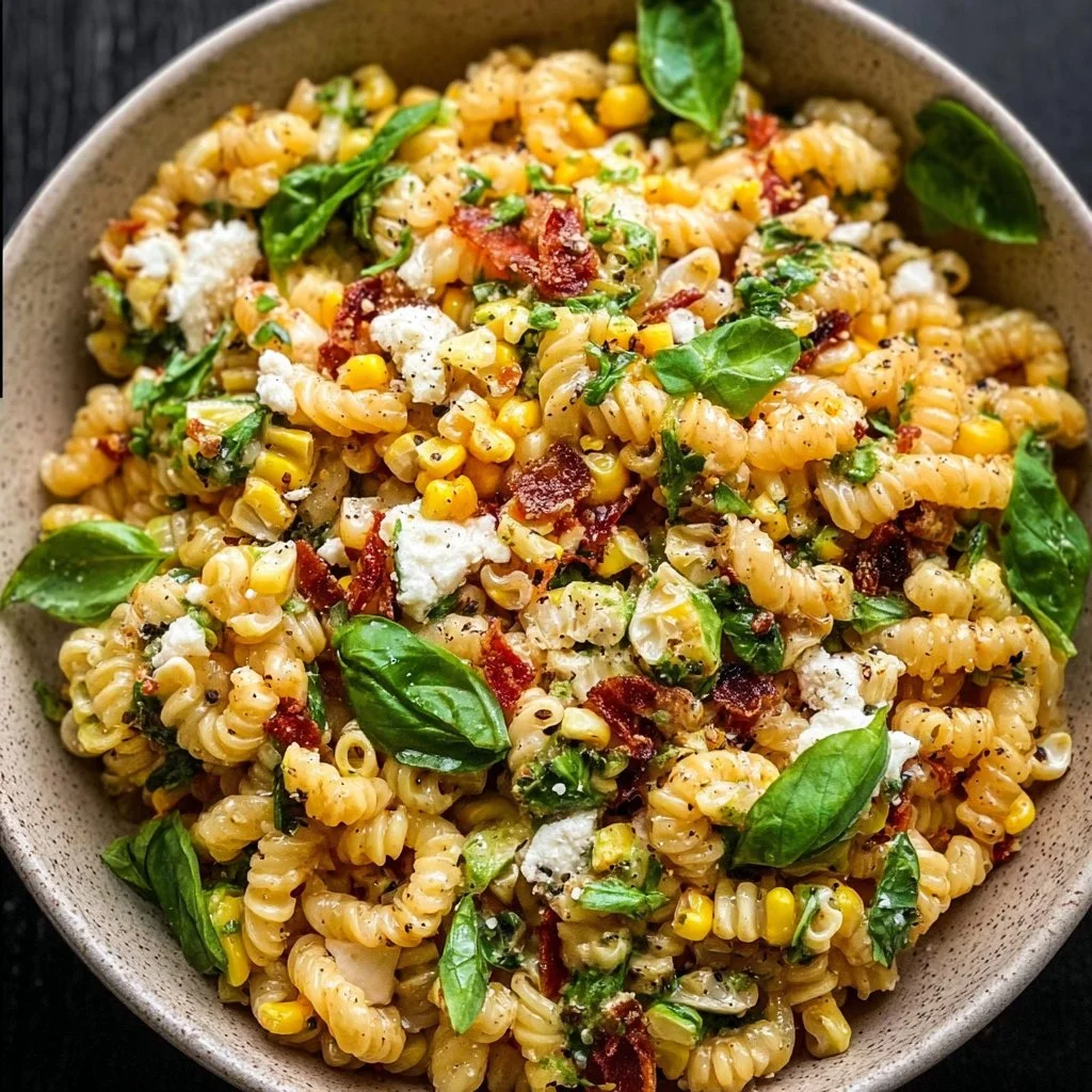 Juicy street corn pasta salad served in a bowl with fresh ingredients