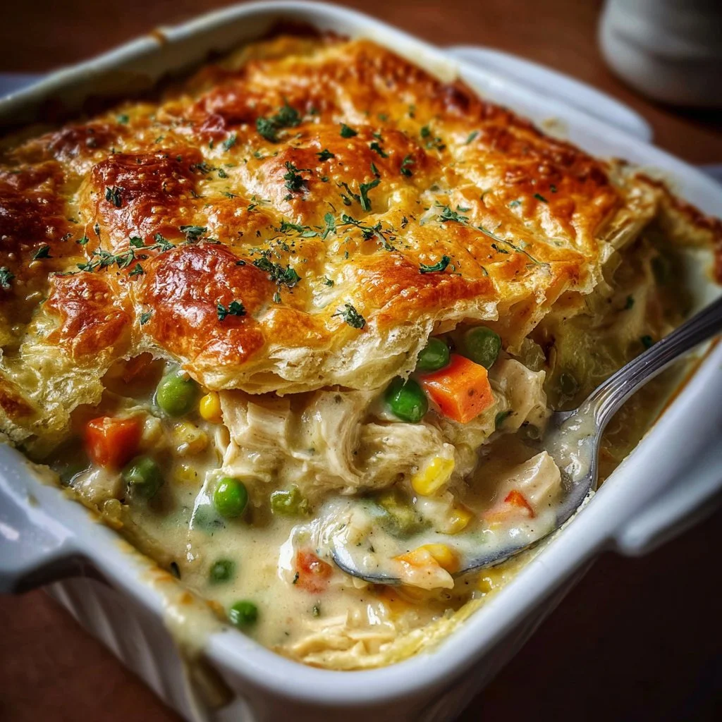 Delicious leftover turkey pot-pie casserole topped with flaky crust.