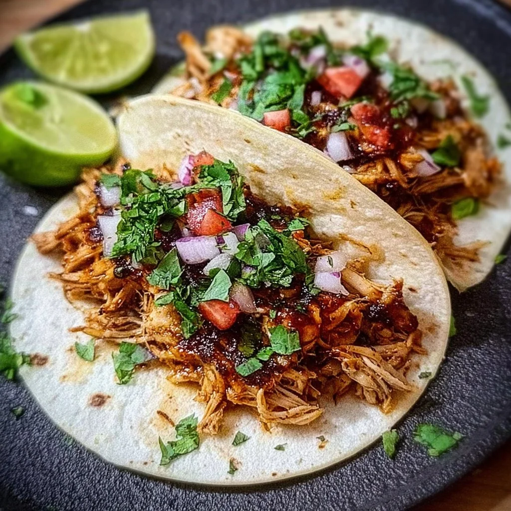 Delicious leftover turkey tacos served on a plate with toppings