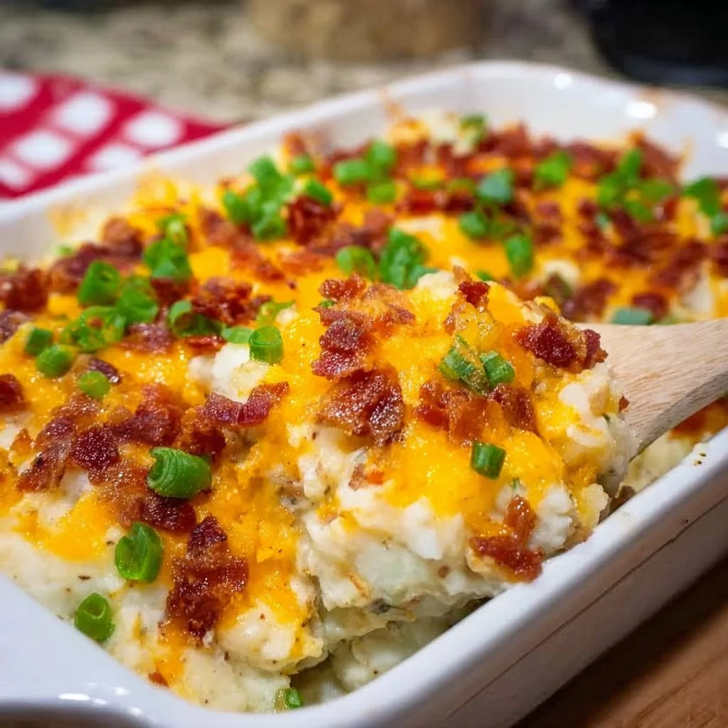 Delicious loaded baked potato casserole topped with cheese and bacon