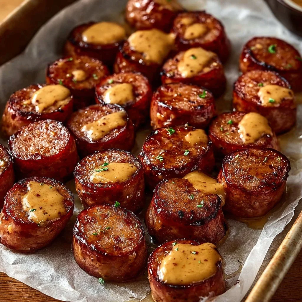 Mustard Hasselback Kielbasa Bites