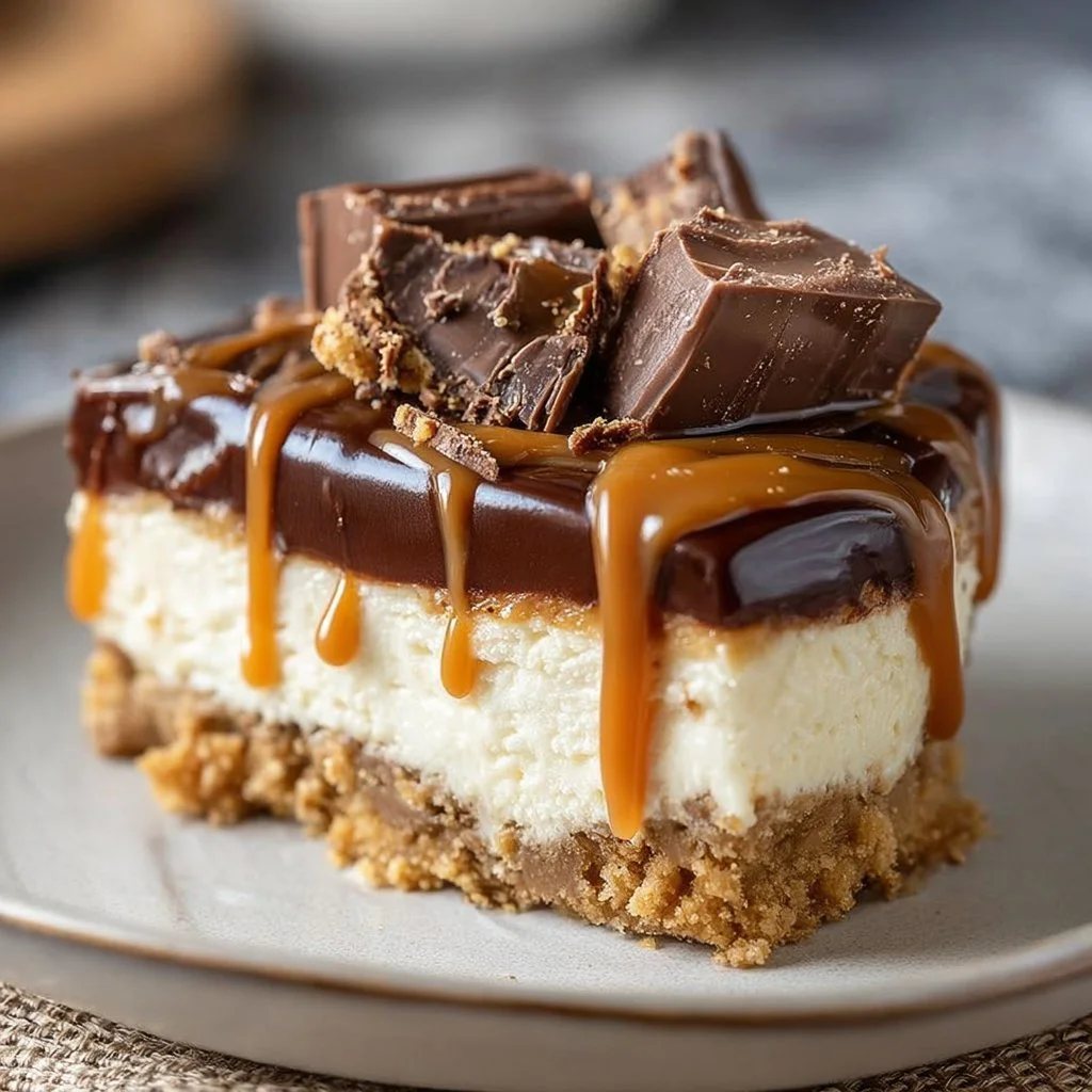 No-bake Twix cheesecake topped with caramel and chocolate
