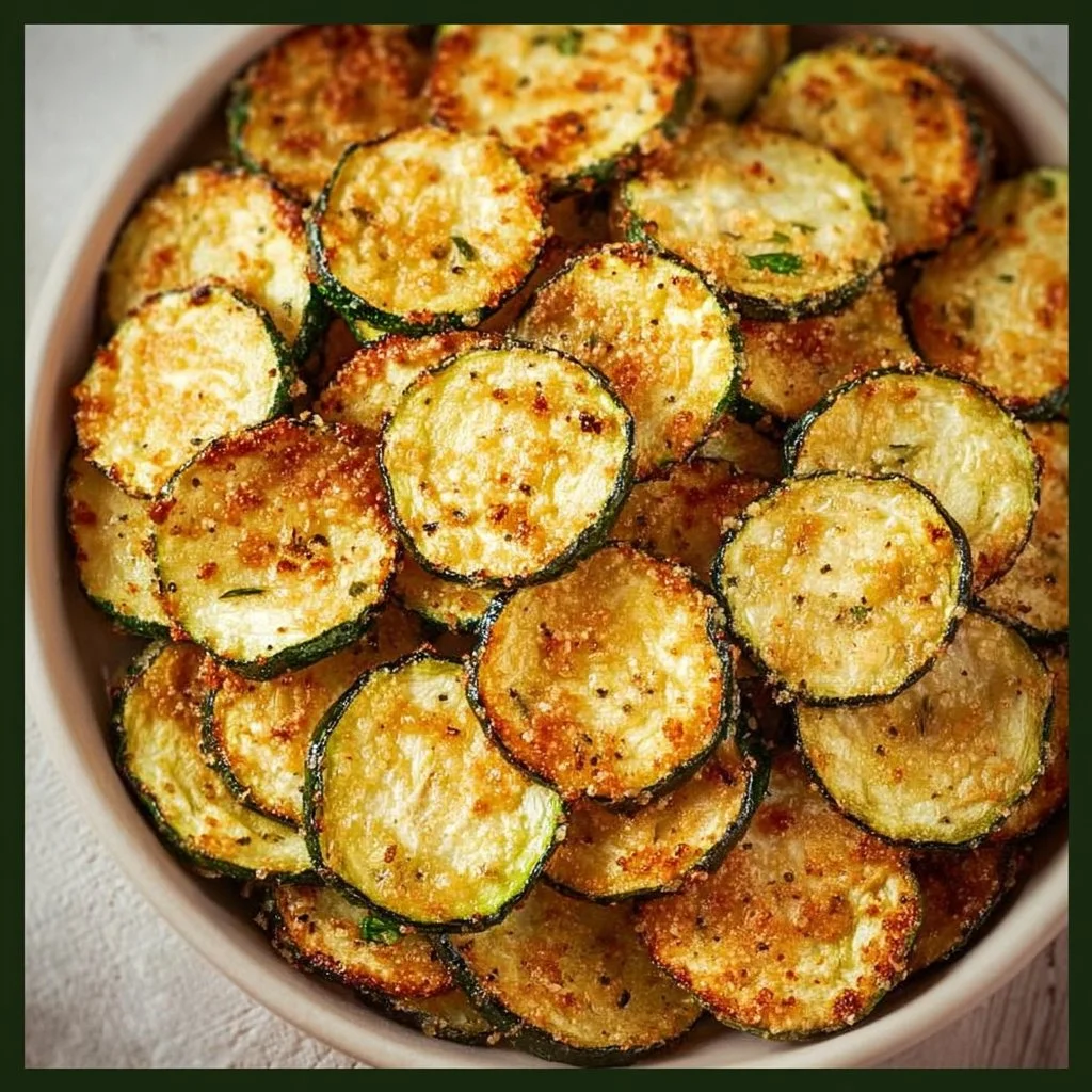 Crispy oven-baked zucchini chips served on a plate as a healthy snack option