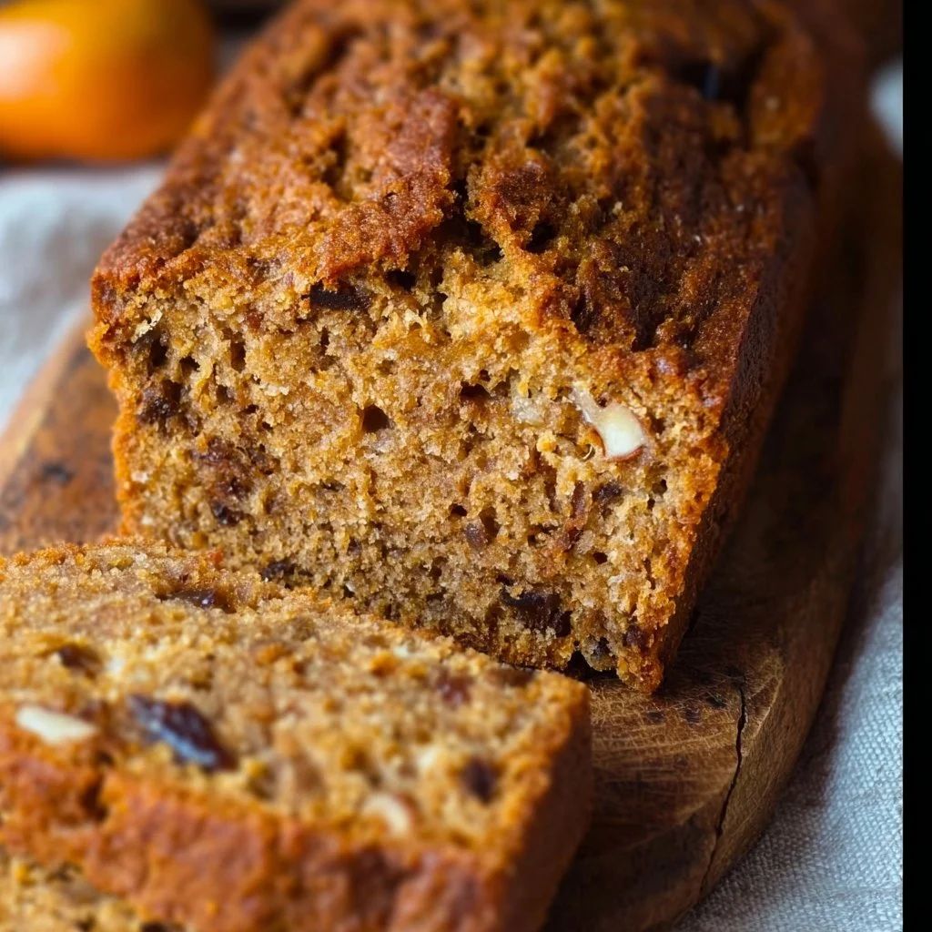 Loaf of homemade persimmon bread with spices and nuts