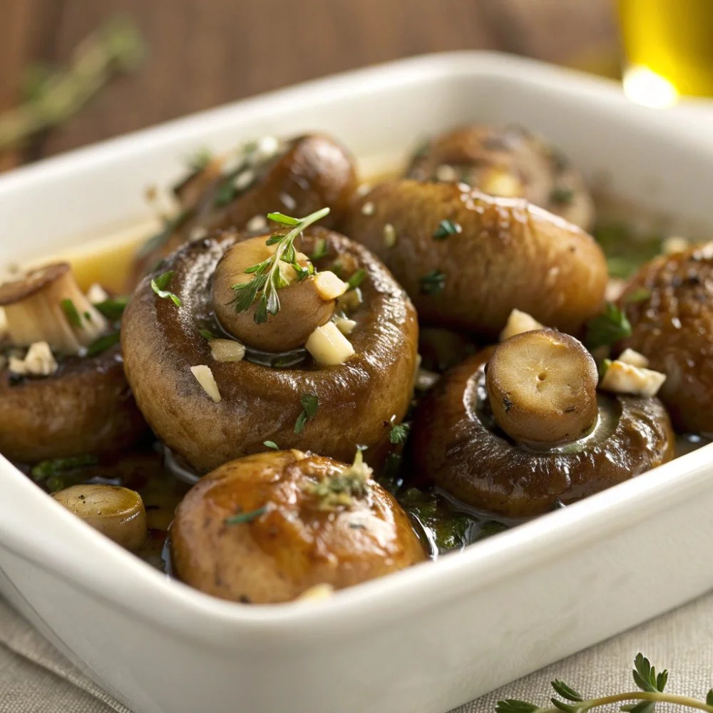 Plate of roasted mushrooms with browned butter and thyme garnish