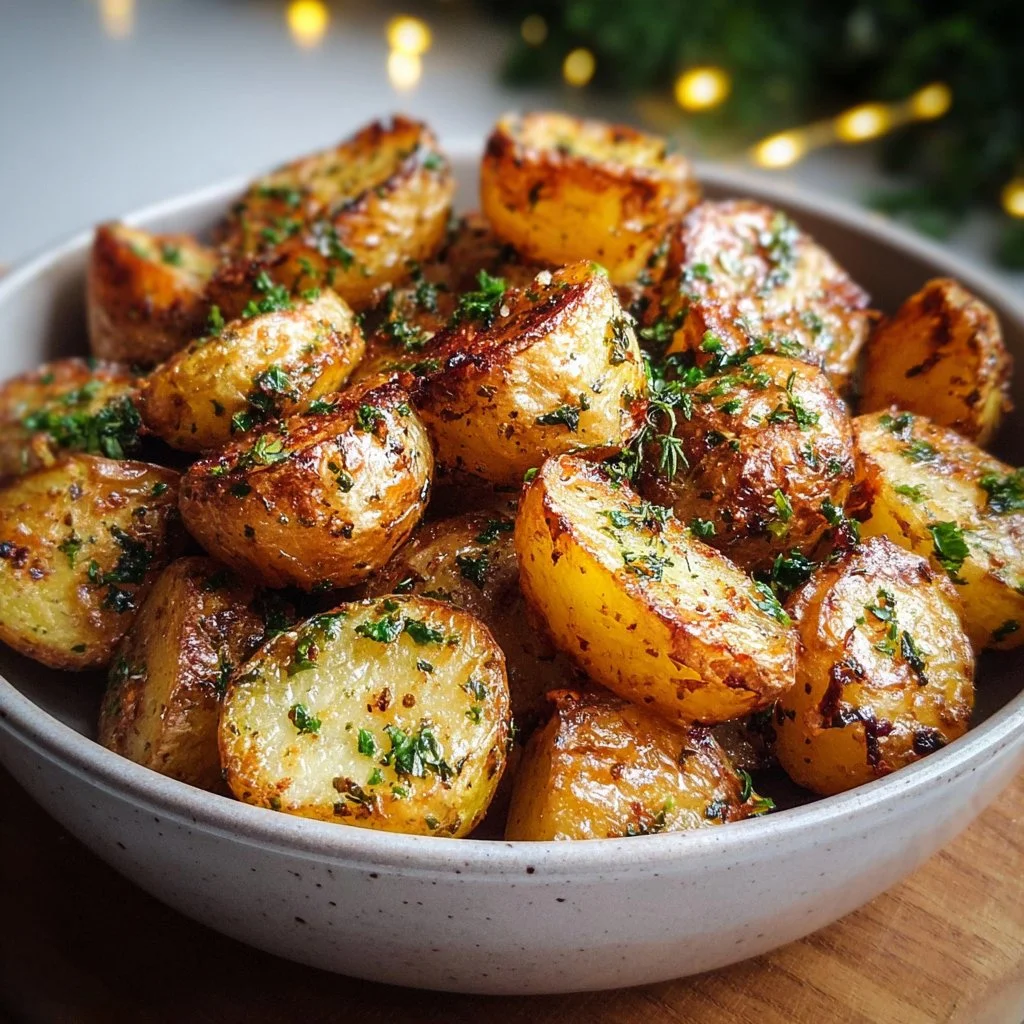 Bowl of seasonal garlic roast potatoes seasoned and ready to serve