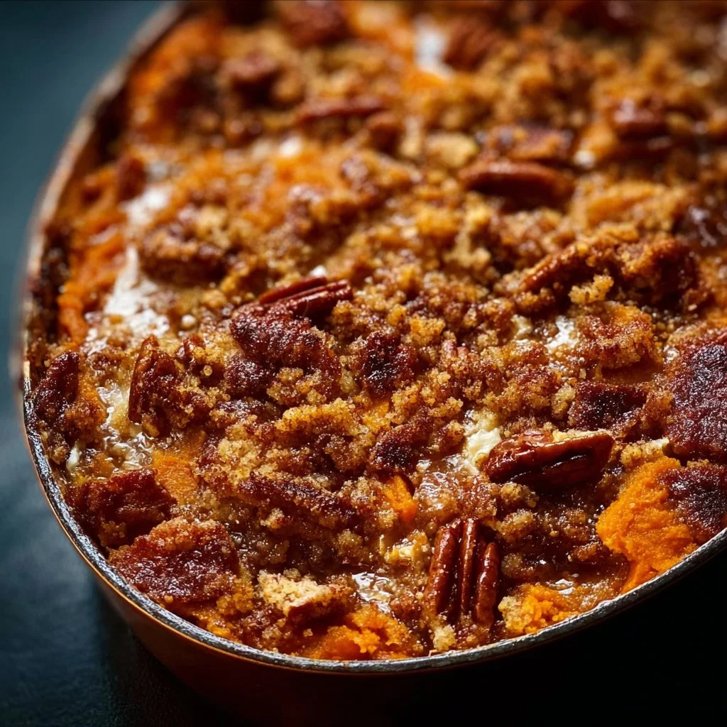 Southern Maple Sweet Potato Casserole topped with pecans and maple syrup