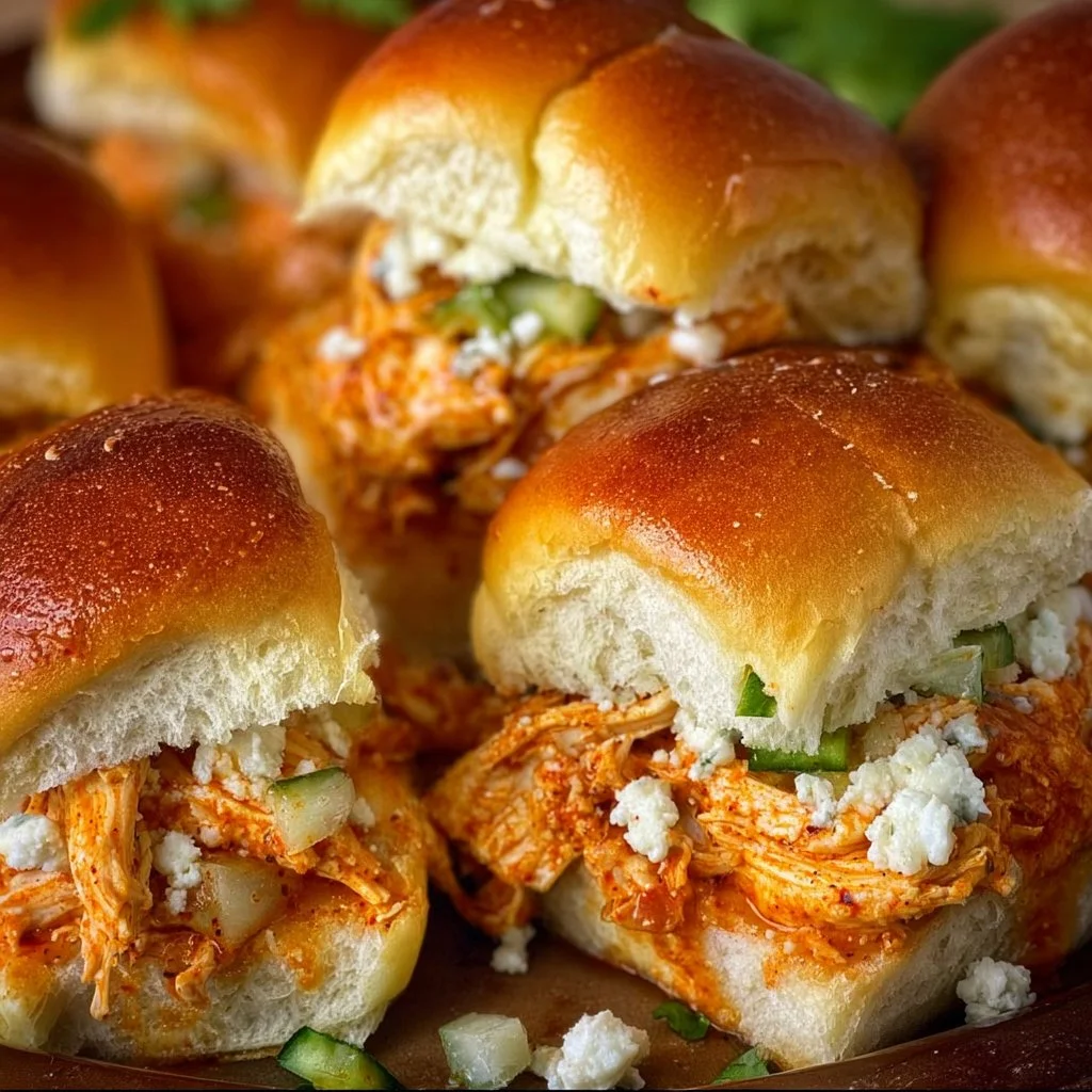 Spicy Buffalo chicken sliders served on a plate with garnishes