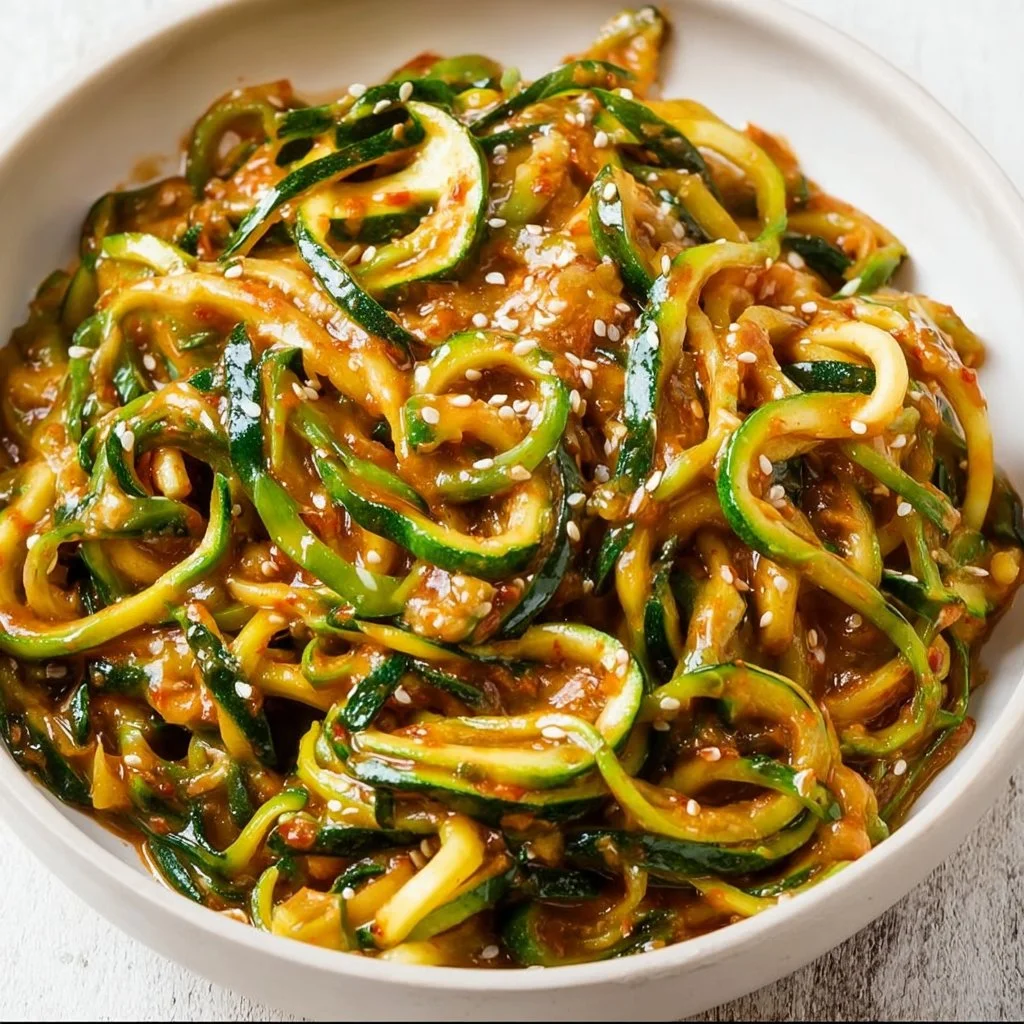 Bowl of Spicy Garlic Chinese Zucchini Noodles with fresh herbs