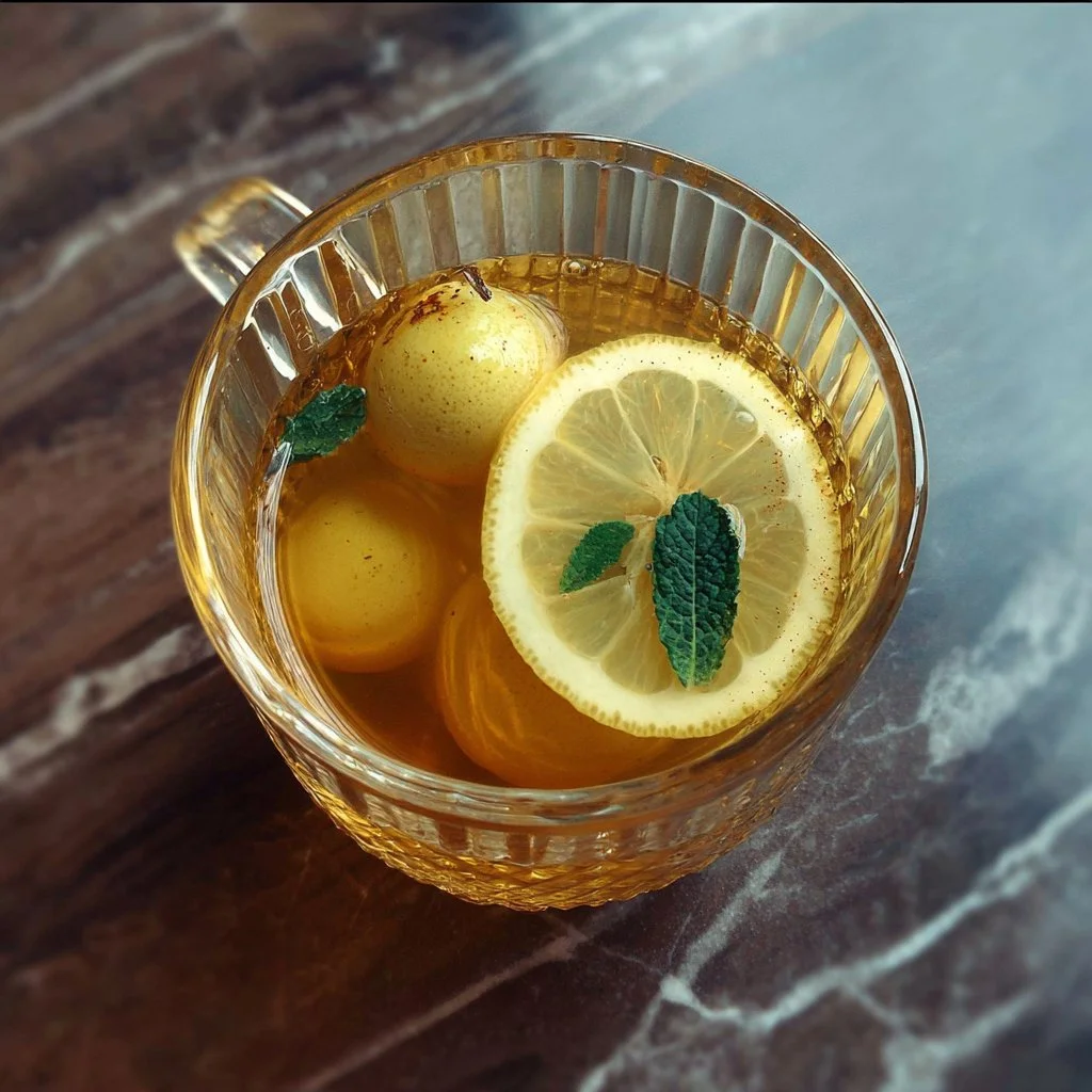 Cup of Starbucks Medicine Ball Tea with lemon and honey on a wooden table
