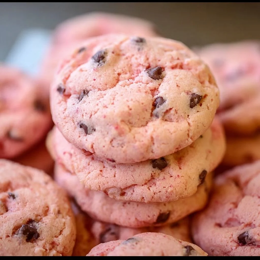 Strawberry Cake Mix Chocolate Chip Cookies with chocolate chips on top