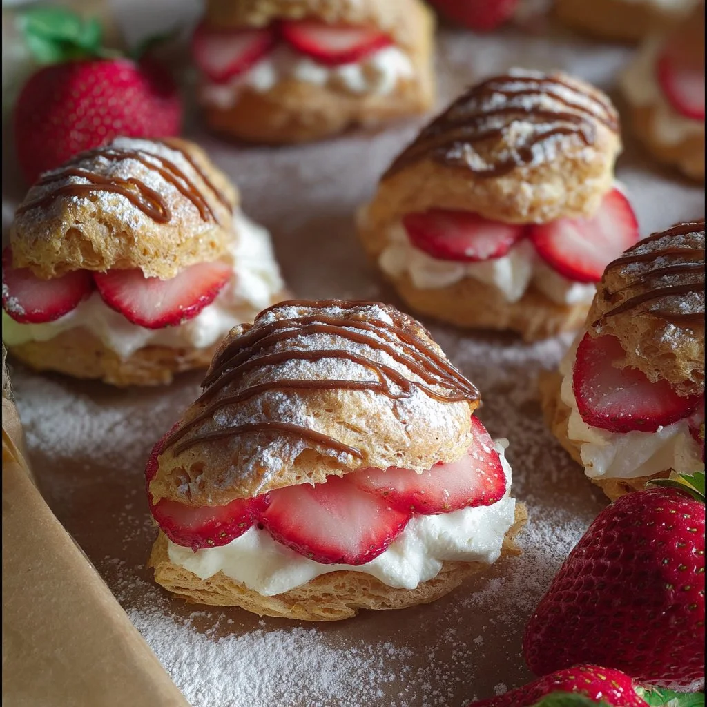 Delicious strawberry cream puffs filled with whipped cream and strawberries.