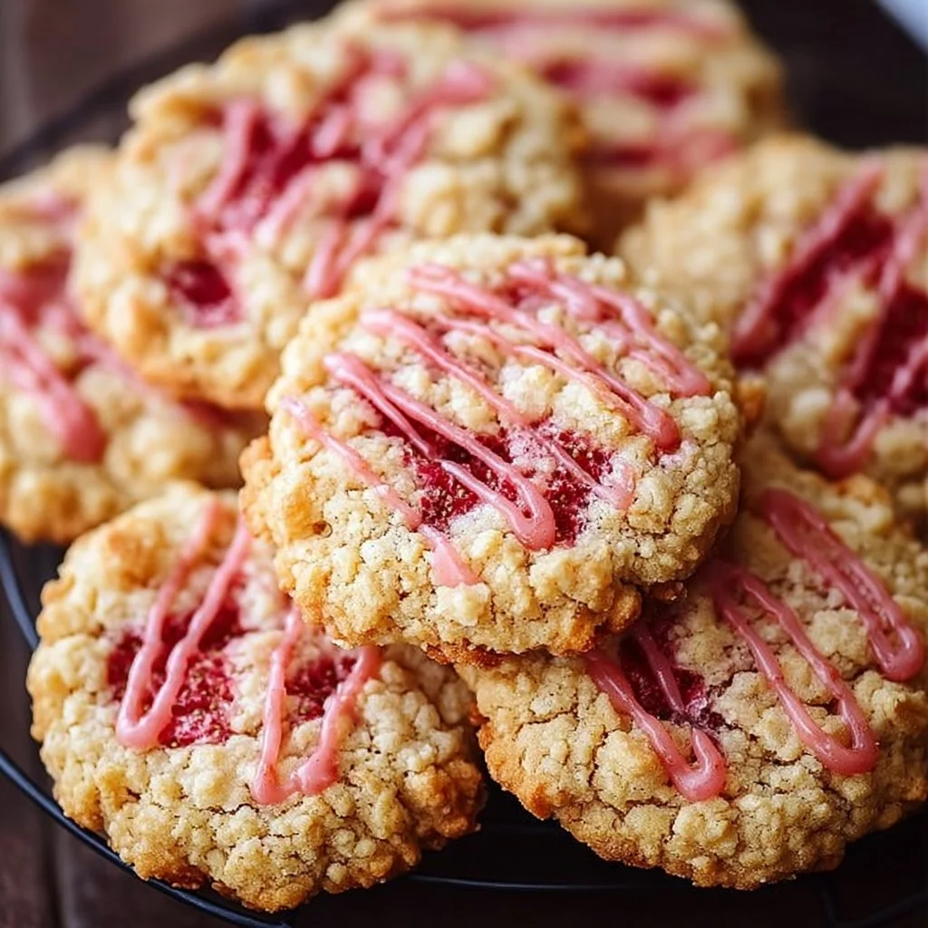 Delicious strawberry crunch cookies arranged on a plate