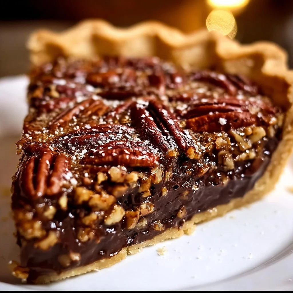 Delicious Texas chocolate pecan pie with rich chocolate and pecans on a plate