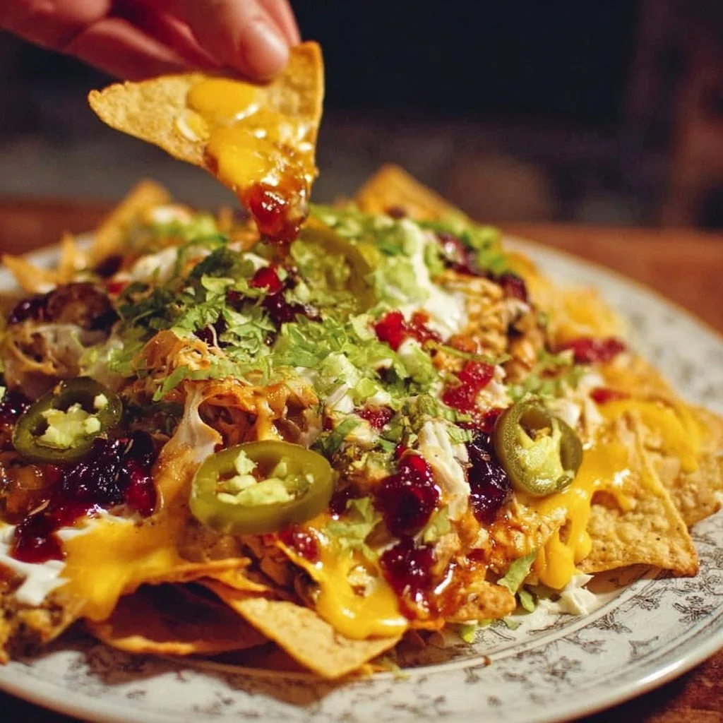 Delicious Thanksgiving leftover nachos topped with turkey, cheese, and festive ingredients.