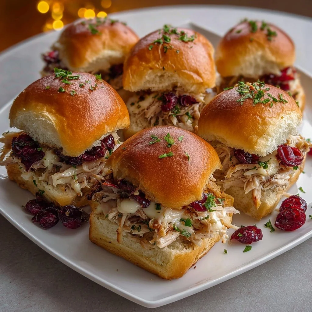 Thanksgiving leftover turkey cranberry sliders garnished and ready to serve.