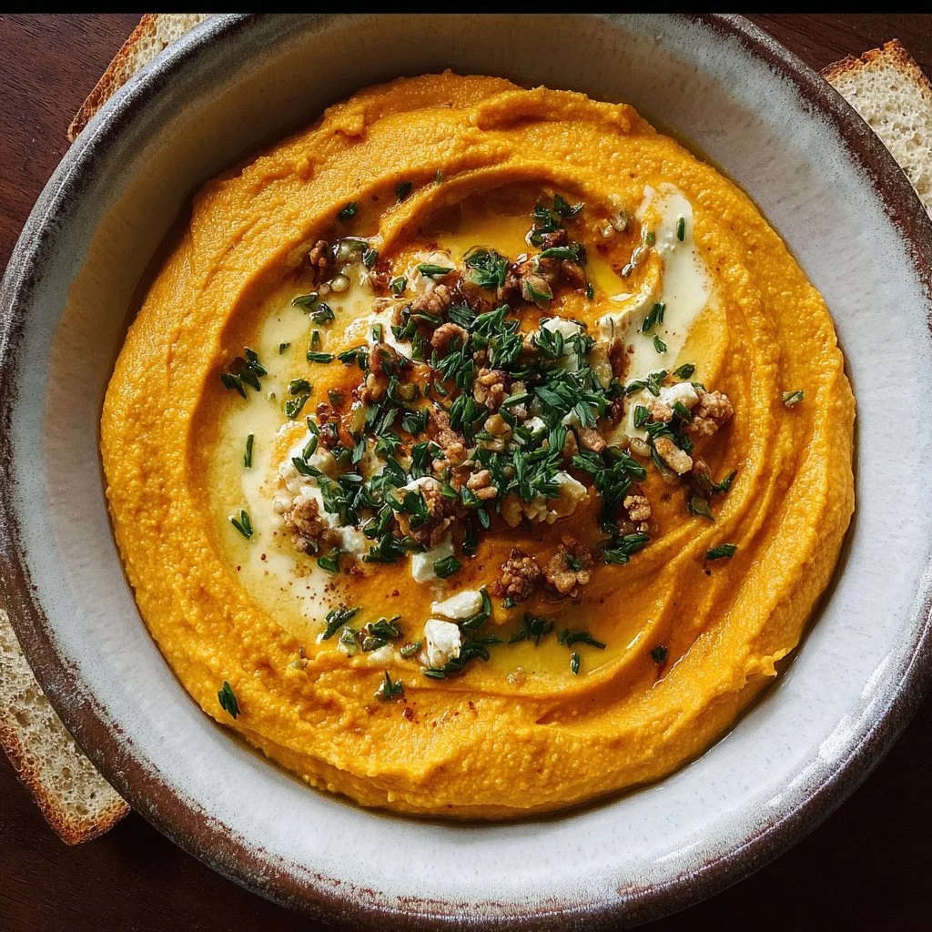 Creamy pumpkin whipped feta dip served in a bowl with crackers.