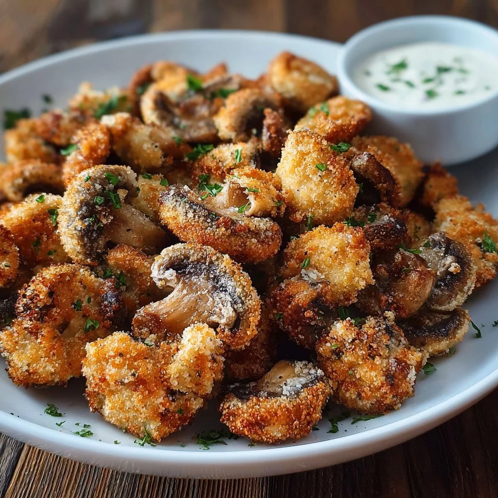 Air fryer ranch mushrooms served in a bowl, showcasing crispy texture.