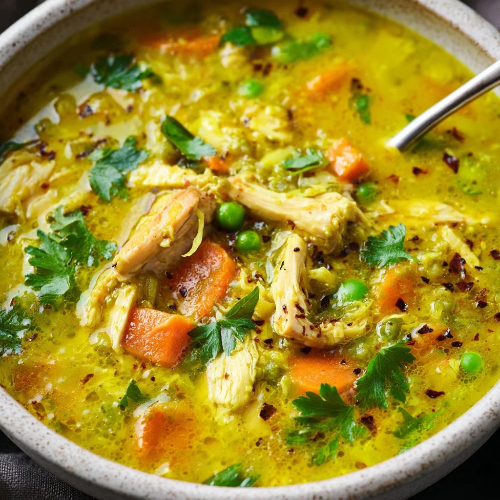Bowl of anti-inflammatory turmeric chicken soup with herbs and spices.