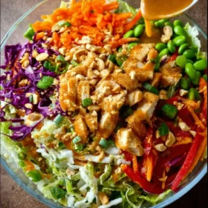Asian Chicken Crunch Salad with colorful veggies and chicken