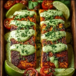 Baked Cajun Salmon garnished with creamy avocado lime sauce on a plate.