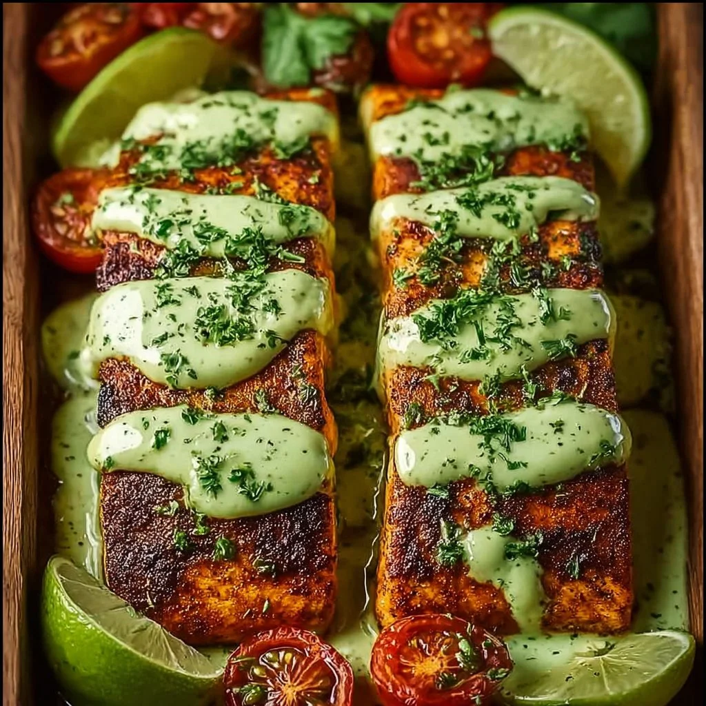 Baked Cajun Salmon garnished with creamy avocado lime sauce on a plate.