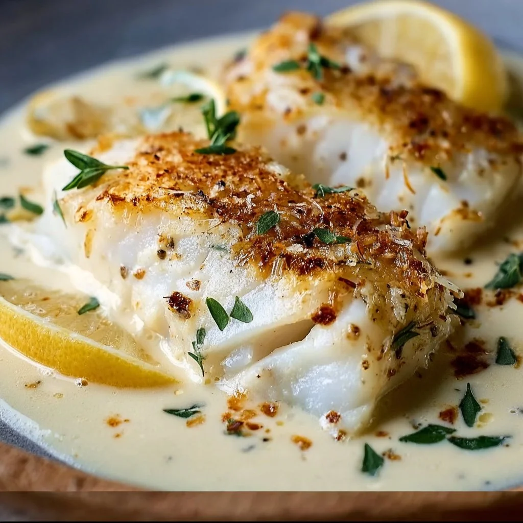 Baked cod fillet in coconut lemon cream sauce served on a plate.