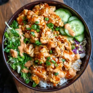 A vibrant bowl of Bang Bang Chicken featuring chicken, veggies, and spicy sauce.