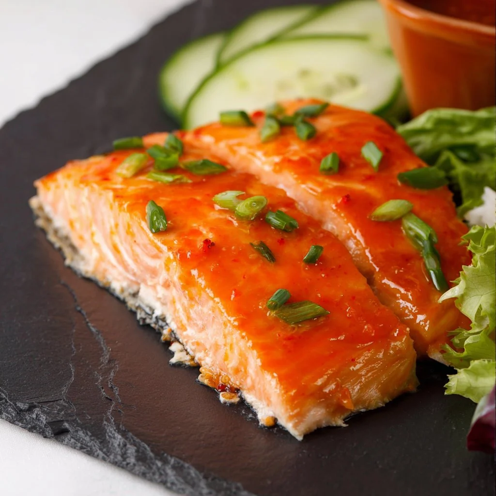 Delicious Bang Bang Salmon served with garnishes