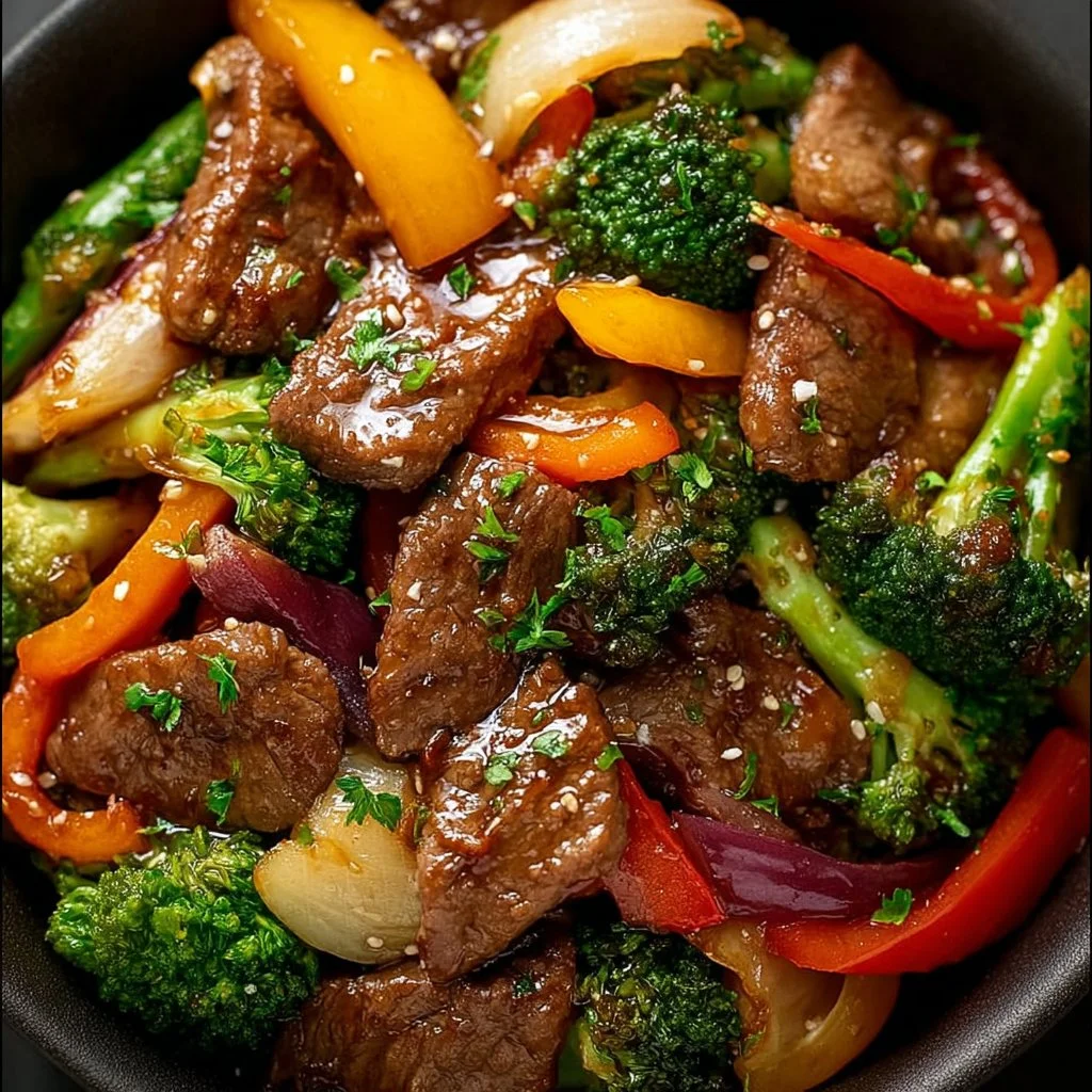 Beef stir fry with colorful vegetables in a skillet