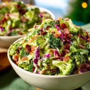 Fresh and colorful broccoli salad with vegetables and dressing