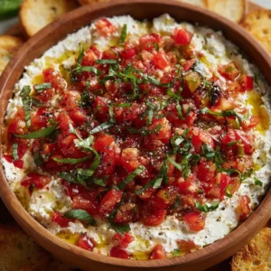 Bowl of vibrant bruschetta dip topped with fresh herbs and tomatoes.
