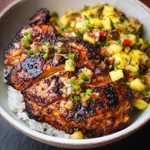 Caribbean jerk chicken with pineapple salsa on a plate garnished with fresh herbs.