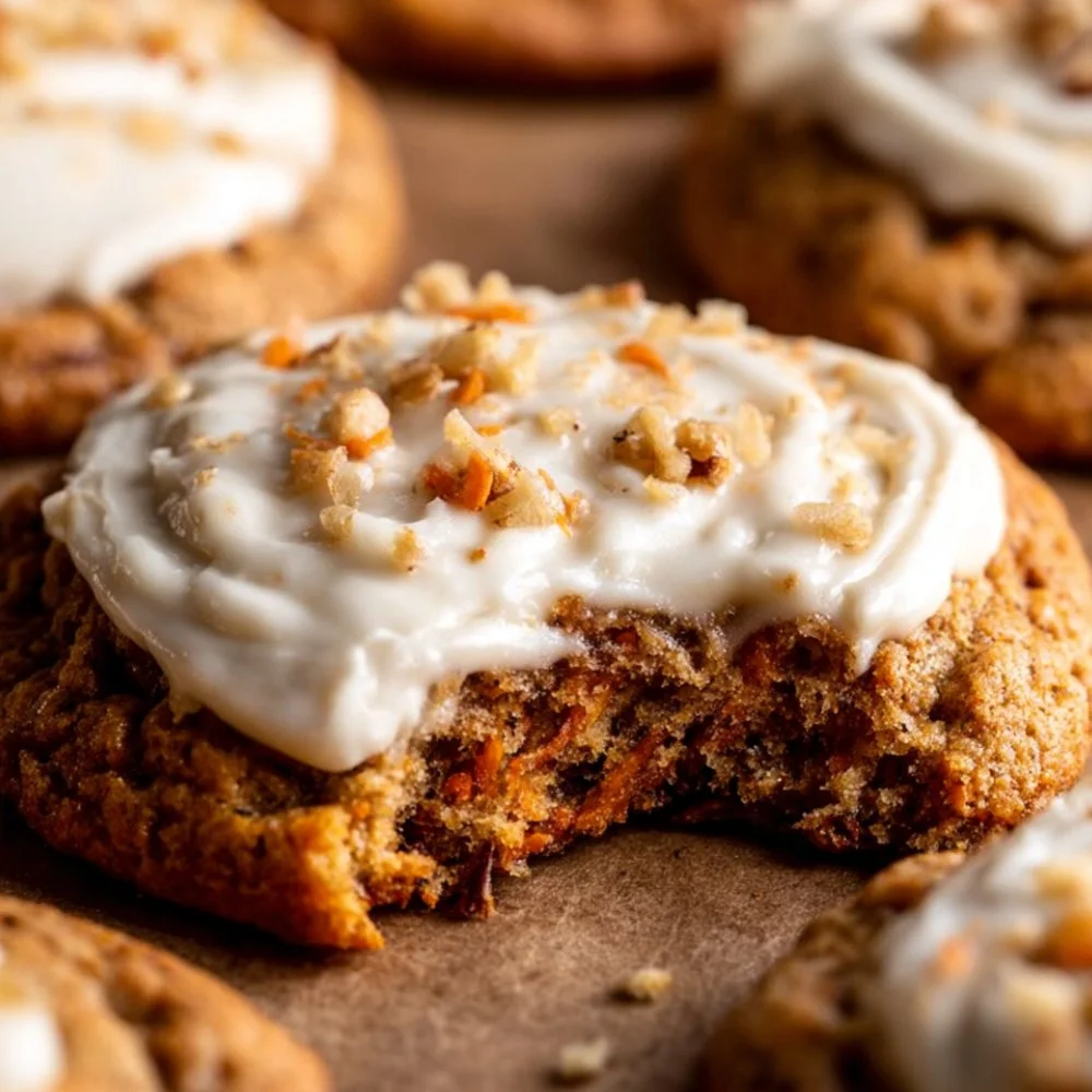 Delicious Carrot Cake Cookies topped with cream cheese frosting on a plate