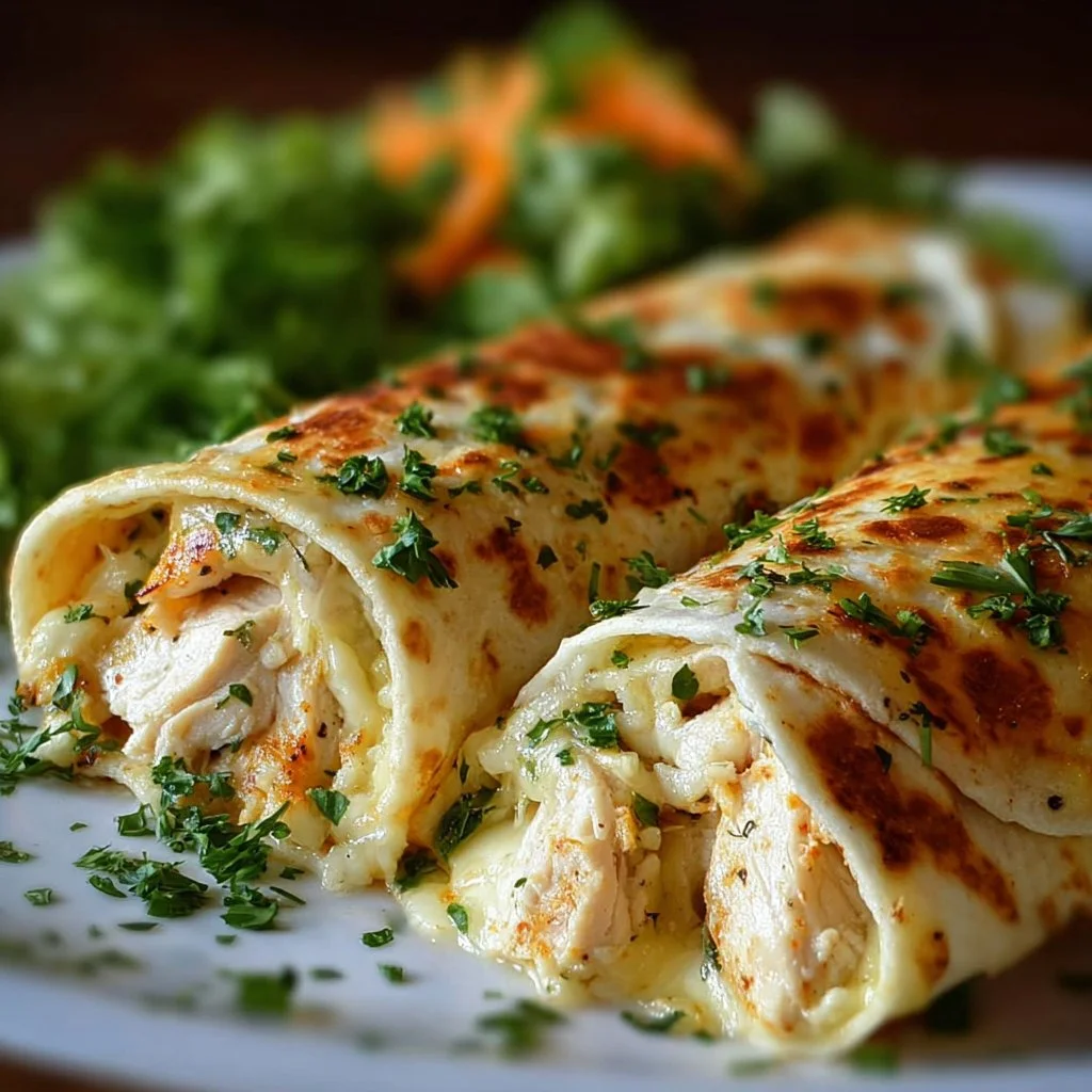 Delicious cheesy chicken garlic wraps with fresh ingredients and melted cheese