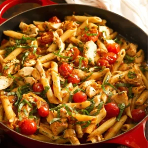 Plate of Chicken Caprese Pasta with basil, tomatoes, and mozzarella cheese