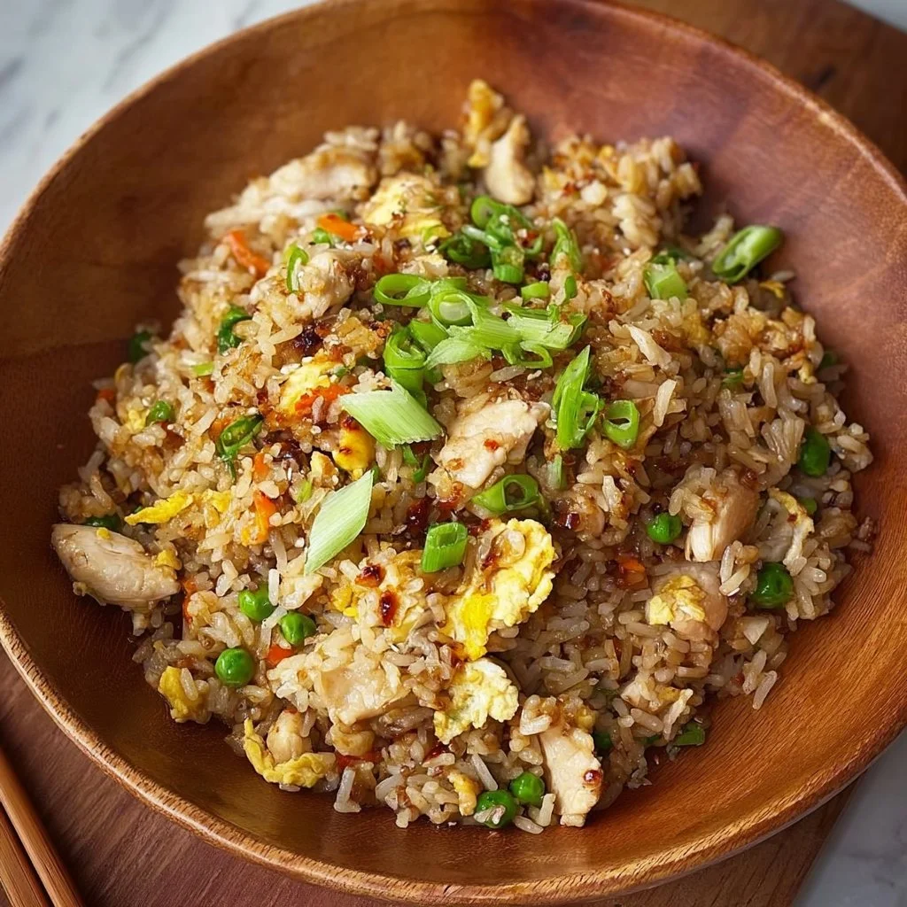 Bowl of Chicken Fried Rice with vegetables and chicken pieces